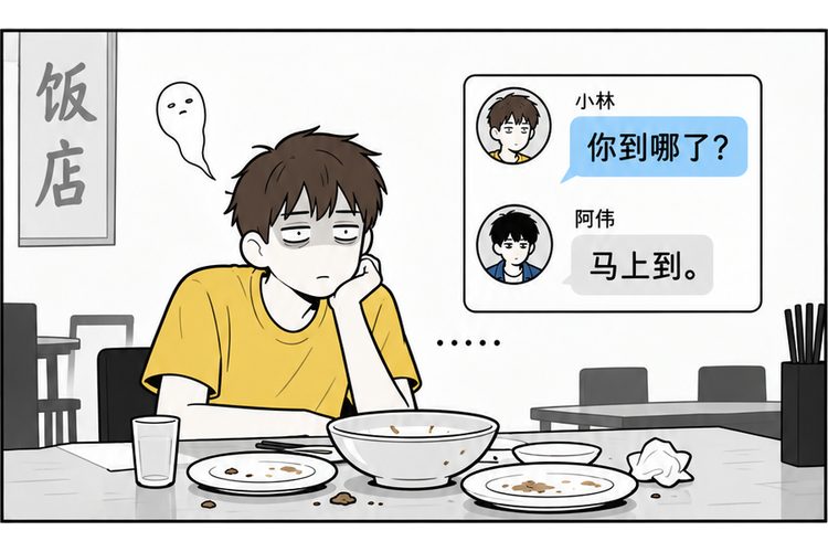 第二格：饭菜吃完了，阿伟仍回复马上到。
