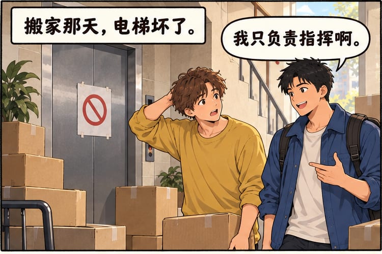 第一格：电梯坏了，阿伟说只负责指挥。